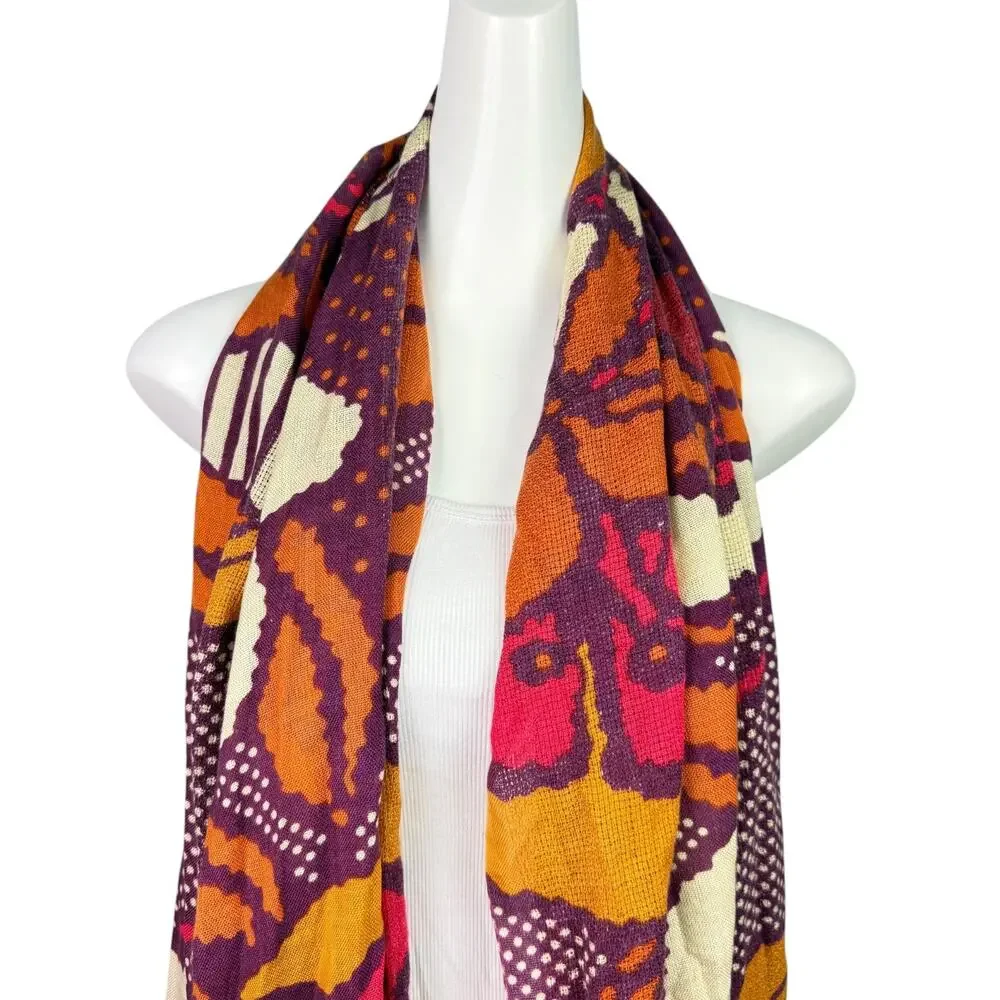 Jones New York Colorful Orange Purple Floral Print Fringe Scarf Wrap 76